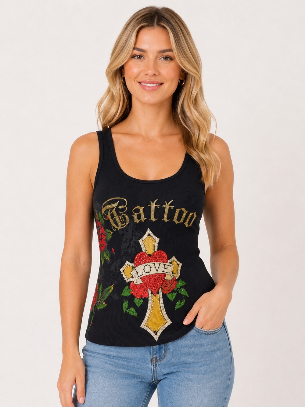 Vintage Ed Hardy by Christian Audigier Black Rhinestone Tattoo Tank Top One Size